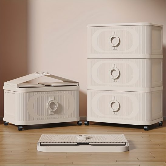 Collapsible Plastic Storage Bins with a Lid, Stackable Closet Organizer Storage Bins with Wheels, Solid Color Sliding Door Clothing Storage Bins, Cubic Storage Cabinet, Closet Organizer and Storage, for Home, Office, Dormitory, Bathroom,