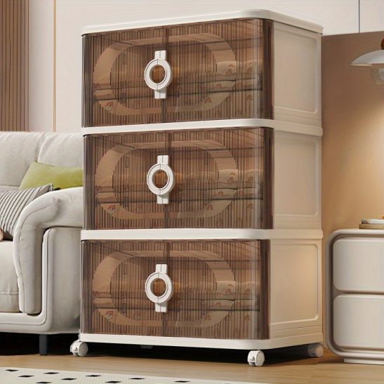 3u002F4u002F5 Layers Large Capacity Foldable Storage Box, Stackable Plastic Storage Bin with Sliding Doors And Wheels, Multi-Functional for Home Wardrobe Organization Systemu002FCloset Organizer, for Home, Dormitory, Office, Outdoor Storage And Organization