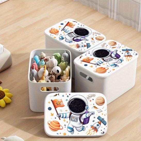 3pcs of White Storage Boxes with Lids, Dustproof - Cartoon Astronaut Starry Sky Multifunctional Storage Containers, Suitable for Storing on Desks, Shelves, And in Wardrobes, Applicable for Home Wardrobes, Bathrooms, Kitchens, Living Rooms