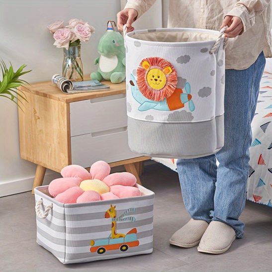 Large Capacity Cartoon Storage Basket with Lid - Lion & Dinosaur Design, Fabric Organizer ,and Laundry, Bohemian Style, Shelf Baskets