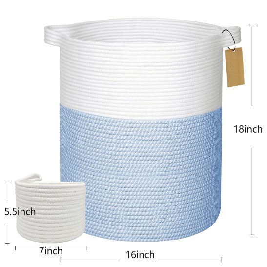 2pcs XXL Cotton Rope Cylinder Laundry Basket with Handles, 16x18 Inch Storage Organizer & Bathroom Decor | Youngsters-Safe Blanket Hamper, Nursery Toy Bin, Dog Bed Storage for Living Roomu002FLaundry Room, Laundry Baskets