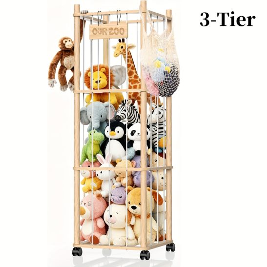 Stuffed Animal Storage & Holder, Natural Pine Wood Plushies Storage with Wheels, Large Capacity Stuffed Animal Zoo with Building Block Bag, Space Save Organizer for Nursery Playroom & Bedroom