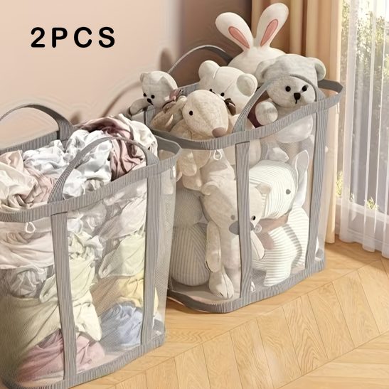 2pcs Foldable Breathable Laundry Baskets Mesh Material Double-Side Reinforced Handles for Bathroom Dirty Clothesu002FCloset Clothingu002FSupermarket Shopping Home Portable Storage Baskets, Laundry Baskets