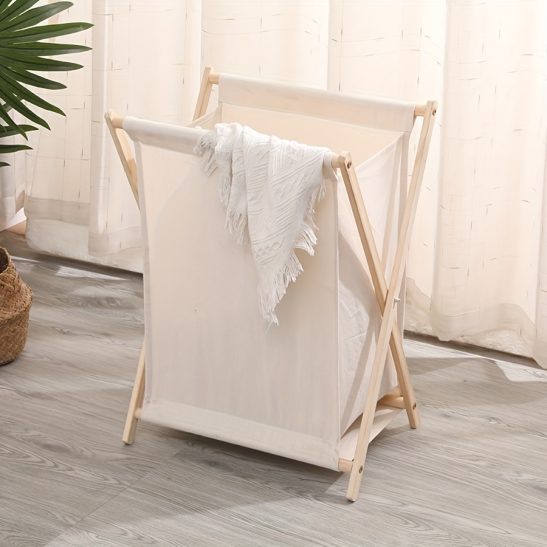 Solid Wood Foldable Laundry Basket, Bathroom Hamper, Japanese-Style Household Clothes Storage Basket, Nordic Fabric Storage Basket, Laundry Baskets