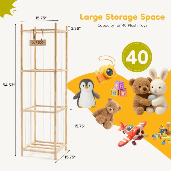 Large Stuffed Animal Storage Organizer for Kids, Wooden Toy Storage Holder, Space Saving Toy Zoo for Playroom, Bedroom, Nursery & Kids Room