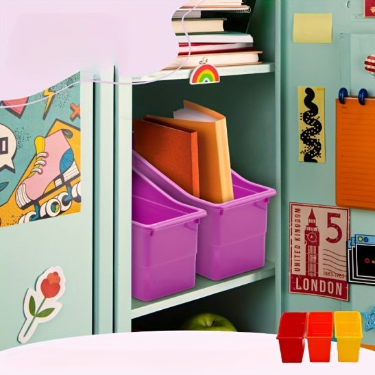 6pcs Colorful Plastic Book Storage Bins - Durable PP Material, Vertical Organizer for Classroom Documents, Office Supplies & Desk Organization, Available in Red, Blue, Green, Yellow, Orange, Pink,
