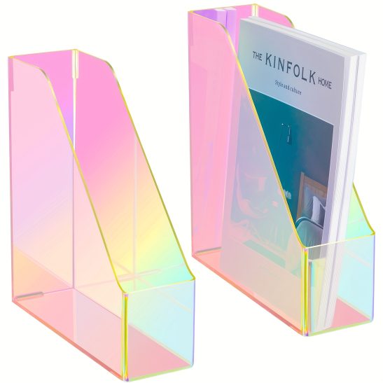 2pcs Iridescent Acrylic Vertical Magazine File Holders - Rainbow Color-Shifting Clear Plastic Organizer with Multiple Slots for Office, Home, Classroom - Durable Space-Saving Document & Book Storage, Book Organizer for Desk, Office Organization, Rainbow Color Effect, Multislot Organizer, Home Storage, Modern Storage, Lightweight Holder, Multislot Holder, Home Organizers