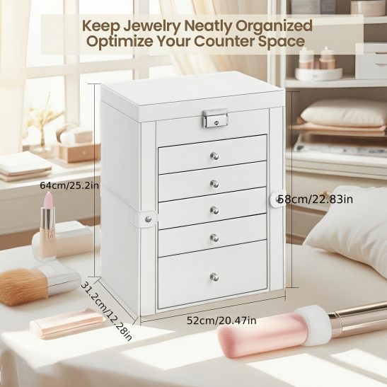 Jewelry Organizer with Six Levels, Featuring Five Drawers, Ample Storage Space, a Mirror, And a Lock, Perfect As a Gift for Someone Special, Also Suitable for Watches, Jewelry Boxes