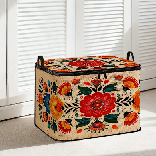 1pc of a Colorful Mexican Floral Design Storage Container, Spacious Enough for Blankets, Quilts, And Clothing, Featuring a Durable Zipper, an Ideal Gift for The Holidays, And Suitable for Under-Bed Storage