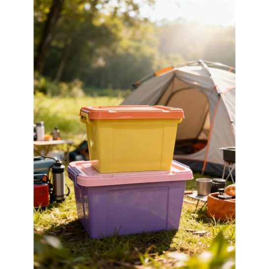 Versatile Plastic Storage Container with a Lid, Colorful And Stackable Design Featuring Handles, Available in Various Sizes for Bedrooms And Offices, in Random Colors Including Yellow, Purple, And Brown
