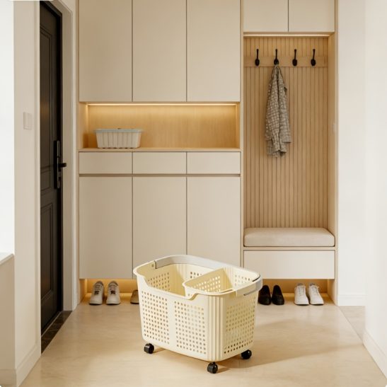 Lidless Laundry Basket, Household Large Medium And Small Laundry Basket, Ceramic White, Cream-Colored Large-Capacity Storage Basket, Super Practical Laundry Basket for Balcony And Bathroom, Multi-Functional Portable Laundry Basket with Wheels